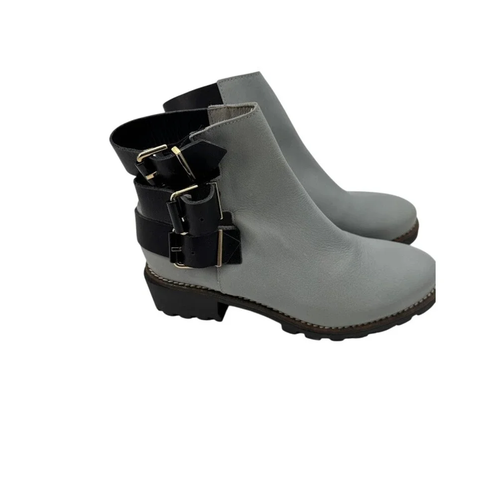 Miista Cecelia Back Strap Ankle Boot Light‎ Blue Leather Chunky Heel Size 37